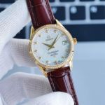 Swiss Replica Omega Constellation Watch White Dial Diamond Bezel Brown Leather Band